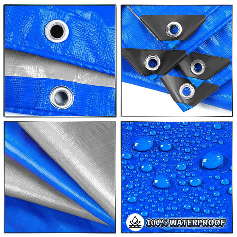 Heavy Duty 8x12 Foot Tarp 7 Mil Waterproof Poly Tarpaulin with UV Resistant Shield, blue and silver, metal grommets, waterproof surface