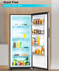 Big Boy 17 Cu Ft Convertible Freezer And Refrigerator showing interior LED light with various groceries in a frost-free fridge.