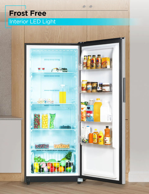 Big Boy 17 Cu Ft Convertible Freezer And Refrigerator showing interior LED light with various groceries in a frost-free fridge.