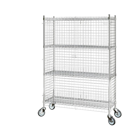 Heavy Duty Chrome Wire Mesh Rolling Security Cage Rock Solid Mobile Storage Locker NSF Certified 48X18X70 Inch with swivel casters.