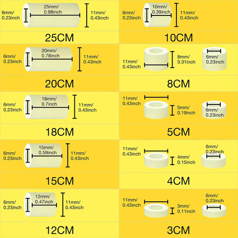 Nylon Round Spacers Kit 151 Pcs Dope Wall Plate Spacers For Screws Hardware Standoffs Pro Grade Assortment OD 11mm ID 6.2mm Lengths 3-25mm For M6 White, size chart display