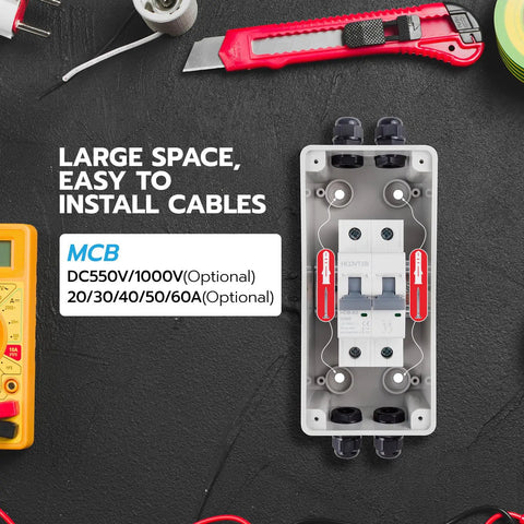 63 Amp DC Solar Disconnect Switch Isolator 1000V for Solar Power Weatherproof RV Breaker Box with internal view of components