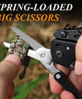 Close-up of Everyday Carry 18 In 1 Multitool Pocket Knife with Detachable Scissors cutting rope, focus on spring-loaded big scissors.