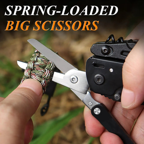 Close-up of Everyday Carry 18 In 1 Multitool Pocket Knife with Detachable Scissors cutting rope, focus on spring-loaded big scissors.