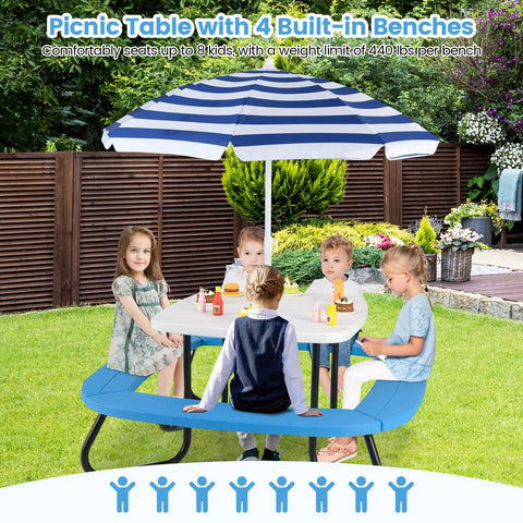 8 Seat Kids Picnic Table Set With Foldable Umbrella For Outdoor Backyard Fun Built In Benches For Up To 8 Toddler Friendly