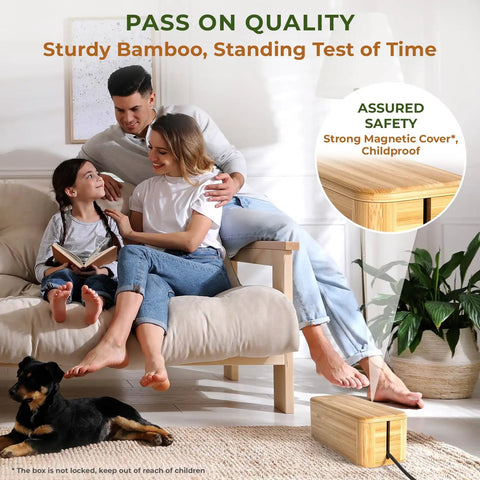 Family smiling on a couch with Natural Bamboo Cable Box For Home And Office Hide Power Strips And Cables shown nearby