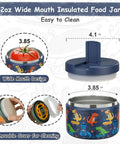 12Oz Insulated Vacuum Food Jar With Buckle Lid For Hot Food Wide Mouth Thermo Lunch Container Leakproof Stainless Steel Kids Lunch Jar Blue Dinosaur Design Ideal For School And On The Go, shown with dimensions and removable lid