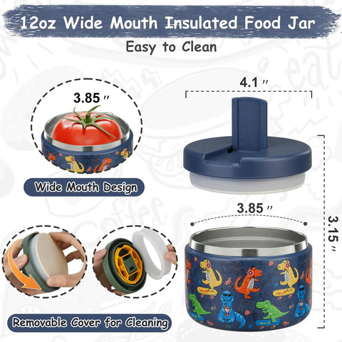 12Oz Insulated Vacuum Food Jar With Buckle Lid For Hot Food Wide Mouth Thermo Lunch Container Leakproof Stainless Steel Kids Lunch Jar Blue Dinosaur Design Ideal For School And On The Go, shown with dimensions and removable lid