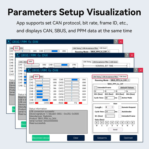 SBUS and PPM to CAN Protocol Encoder Module interface for setting parameters with dual signal auto detect.
