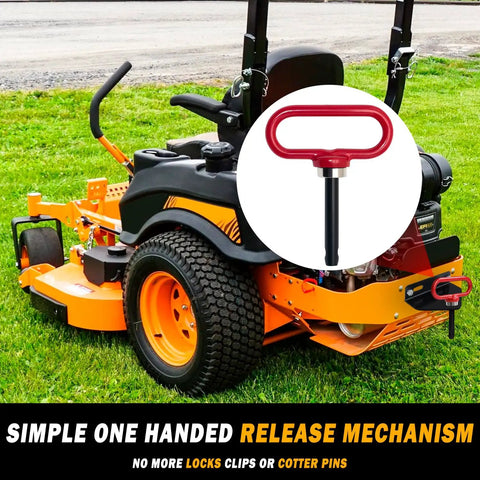 Magnetic Hitch Pin For Trailers And Mowers One Half Inch Heavy Duty Gate Pin With Strong Magnet For Lawn Tractors ATVs And Cargo Towing Simple One Handed Hook On Off Red on a lawn mower.