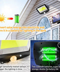 Solar Outdoor Flood Lights 2 Pack Waterproof LED With Motion Sensor Dusk To Dawn on home exterior, energy storage illustration