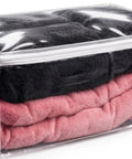 Large 90L Clear Zippered Comforter Storage Bag For Blankets Bedding Clothes And Pillows Super Handy Durable Plastic Organizer shown filled