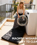 Woman washing a Lightweight Warm Weather Sleeping Bag For Adults And Teens With Compression Sack, Compact Backpacking Gear, in a machine.