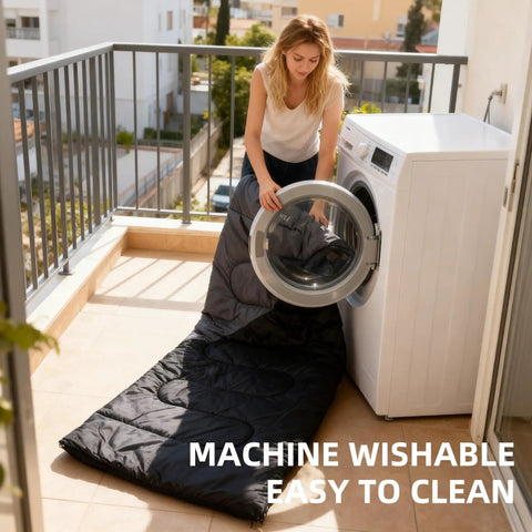 Woman washing a Lightweight Warm Weather Sleeping Bag For Adults And Teens With Compression Sack, Compact Backpacking Gear, in a machine.