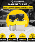 Front view of two yellow MagJig 95 magnetic base clamps with black handles and steel bases.