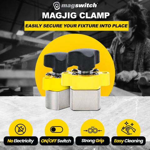 Front view of two yellow MagJig 95 magnetic base clamps with black handles and steel bases.
