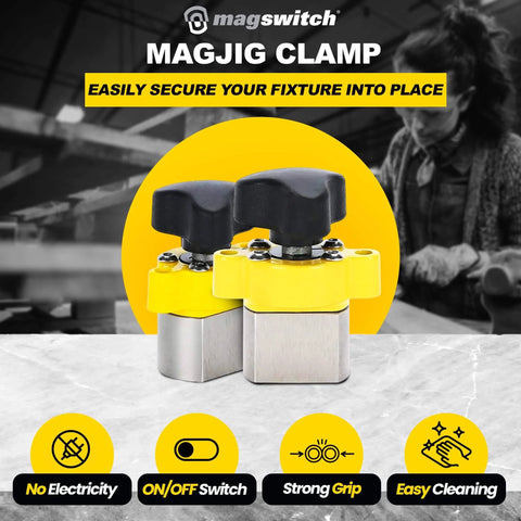 MagJig 150 Magnetic Clamp Set Of 2, yellow knobs, used for woodworking and welding, strong neodymium magnets with on/off switch.
