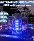Outdoor Bug Zapper With 4200V High Voltage Insect Killer Waterproof LED Light in a backyard setting at night.