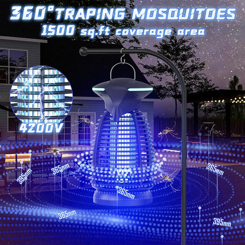 Outdoor Bug Zapper With 4200V High Voltage Insect Killer Waterproof LED Light in a backyard setting at night.
