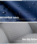 Waterproof Outdoor Chaise Lounge Chair Cushion With Non Slip Ties For Patio Furniture Comfy Thick Long Navy Blue Replacement Pad showing waterproof fabric and non-slip bottom.