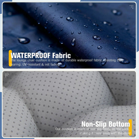 Waterproof Outdoor Chaise Lounge Chair Cushion With Non Slip Ties For Patio Furniture Comfy Thick Long Navy Blue Replacement Pad showing waterproof fabric and non-slip bottom.