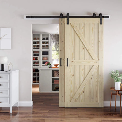 Double 36x84 Inch Solid Wood Panel Bypass Barn Door For 63x84 Opening With Sliding Hardware Kit Unfinished Surface Ready To Stain