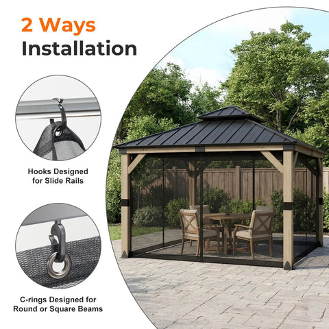10x10 Gazebo Replacement Mesh Netting, Durable Polyester Screen With 4-Panel Sidewalls And Double Zippers installed on patio.