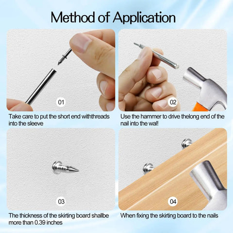 Method of application for 250 Pack Double Headed Skirting Nails Made Of Premium Carbon Steel for seamless wood baseboards.