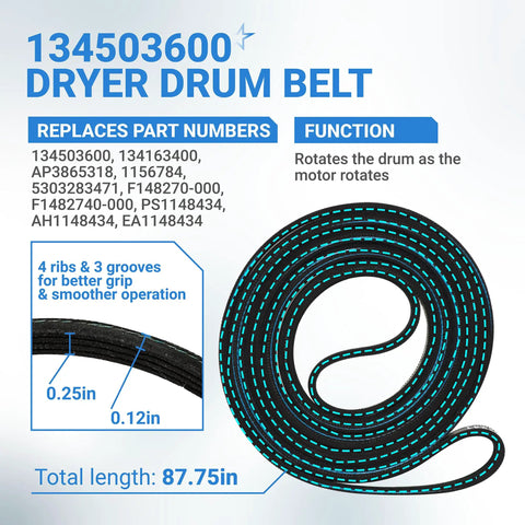 134503600 dryer drum belt with specifications and part numbers, 87.75in long, shown coiled with highlighted grooves and ribs.