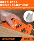 Shop Tough O1 Steel Chamfer Plane With Four Swappable Corner Edging Cutters For Buttery Smooth Wood Trimming And Top Shelf Detail Finishes Plus Dead Easy Built In Storage Keeps Your Garage Gear Tidy And Ready For Any Big Weekend Build, close-up of sharp blade and precision adjustment.