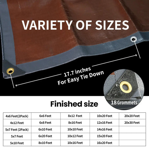Heavy Duty Tarp 6x8 Foot Waterproof Tarpaulin with Grommets shown with size variety, tear resistant gray brown material