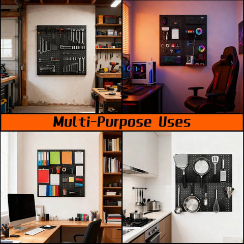 A wall-mounted pegboard showing various uses in garage, gaming room, office, and kitchen, utilizing a 50-piece pegboard hook set.