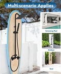 Wall Mounted Outdoor Shower System With Matte Black Finish Featuring A 6 Inch Square Rainfall Shower Head mounted on surfboard