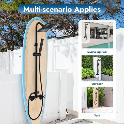 Wall Mounted Outdoor Shower System With Matte Black Finish Featuring A 6 Inch Square Rainfall Shower Head mounted on surfboard