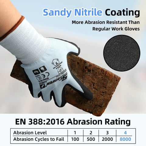 Six Pairs Heavy Duty Work Gloves With Sandy Nitrile Coating Extreme Fiber Abrasion Resistance Level 6 Certified A2 Cut Protection