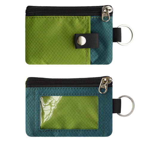Front and back view of the Ultra Slim RFID Blocking Wallet With ID Window Water Resistant Zip Case Lanyard Keychain For Cards And Cash Everyday Carry EDC Travel Ready For Women And Men showing zippered compartments and ID window.