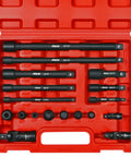 Beefed Up 18 Piece Impact Socket Adapter Set With Extension Bars And Universal Joints in red case, various sizes shown