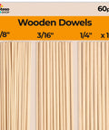 Super Solid Wooden Dowel Rods 60 Pcs Assorted 12 Inch Long Natural Wood Sticks 1/8 3/16 1/4 Inch Diameter displayed in neat rows.