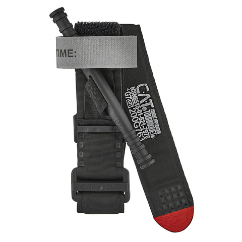 Close-up of CAT Gen 7 Combat Application Tourniquet on black nylon IFAK strap, red tip