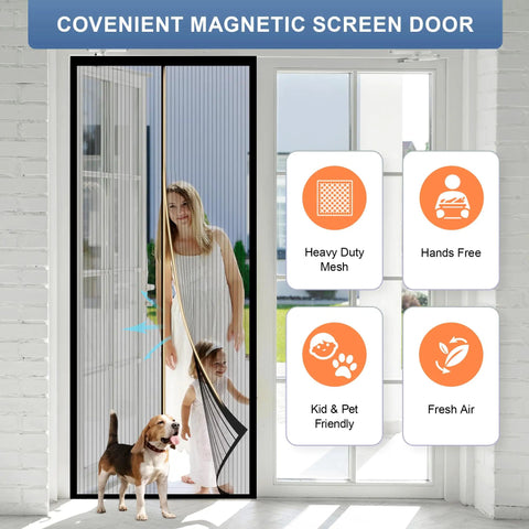 Magnetic Screen Door Mesh Fits 32 By 80 Inch Door With Curtain Size 34 By 82 Inch shown in patio setting with features