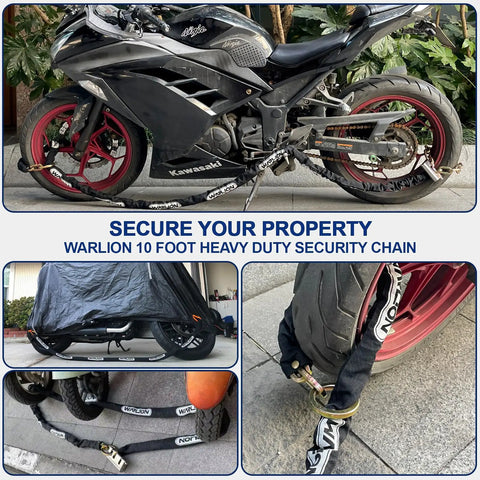 Heavy Duty Security Chain For Motorcycles ATVs Ebikes And Generators, Built To Last Ten Foot By Three Eighths Inch Thick And Tough As Nails Anti Theft Lock With Cinch Ring securing motorcycle and tire.