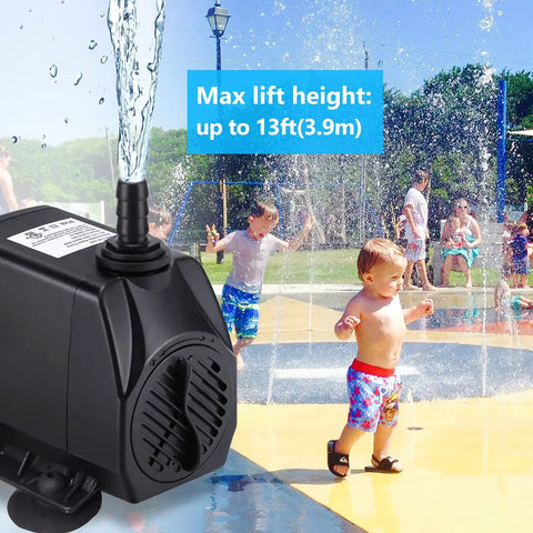 880GPH Submersible Fountain Pump with Six Point Five Foot Power Cord Ultra Quiet 60W, shown near children playing in water fountain