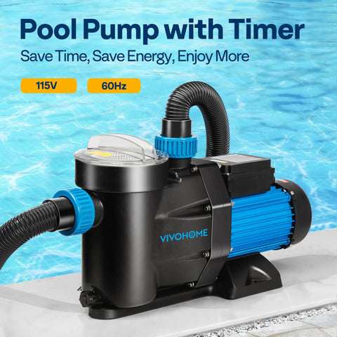 Self Priming Pool Pump For Inground And Above Ground Pools With 1.25, 1.5, And 2 Inch Unions, Energy Saving With Strainer Basket