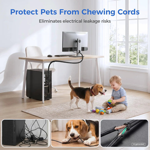 Cool Cable Sleeve Kit That Keeps Your Pets Off Wires And Saves You From Messy Cords On The Desk Or TV Stand With Easy Split Design For Super Simple Setup Today, black 10ft PVC wire loom on desk