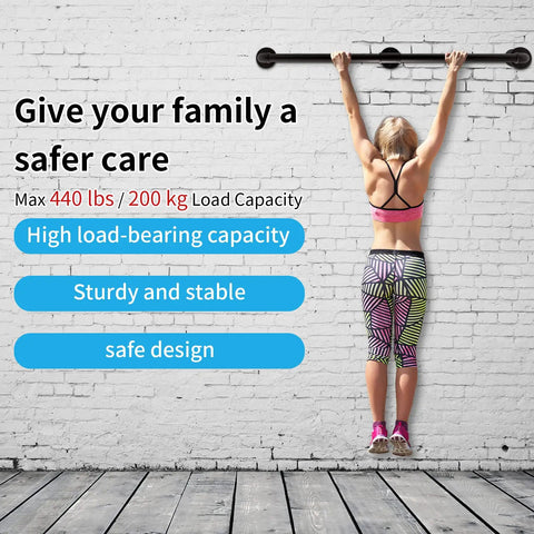 Woman holding Heavy Duty Industrial Galvanized Pipe Stair Handrail 5 Foot Length With Wall Mounts Black Powder Coat Finish.