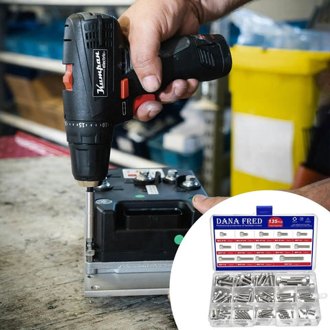 Person using drill with Hex Socket Head Cap Screw Kit 135 Pcs Set Stainless Steel Fasteners M2.5 To M8 for DIY projects.