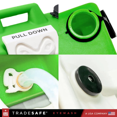 Portable Eye Wash Station 8 Gallon With OSHA ANSI Compliance For Workplace Safety, close-up of green HDPE material and connections