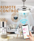 42 Inch Retractable Bladeless LED Ceiling Fan With Remote Control, brushed nickel design in modern living room with smart lighting app.