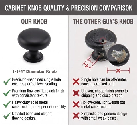 Flat Black Mushroom Cabinet Knobs Set Of 25 For Kitchen And Cabinets, comparison with competitor knob showing quality differences