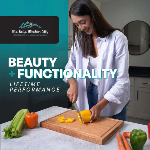 Wooden cutting board on kitchen counter; person cuts yellow bell pepper; Blue Ridge Mountain Gifts branding visible.